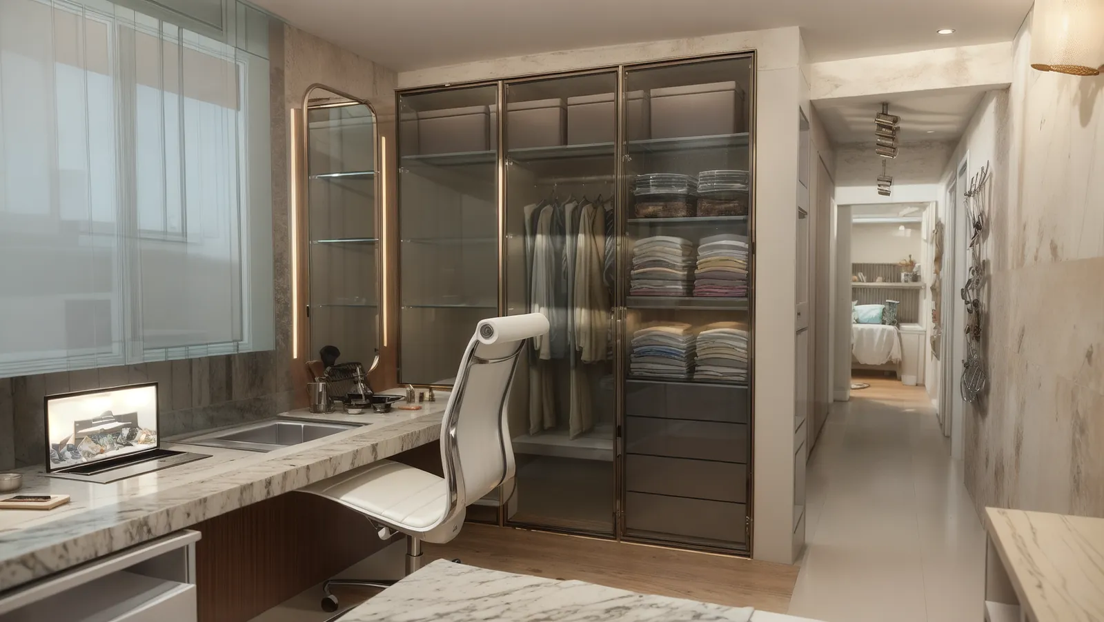 Home office e closet com marcenaria detalhada pelo Estúdio Petrus