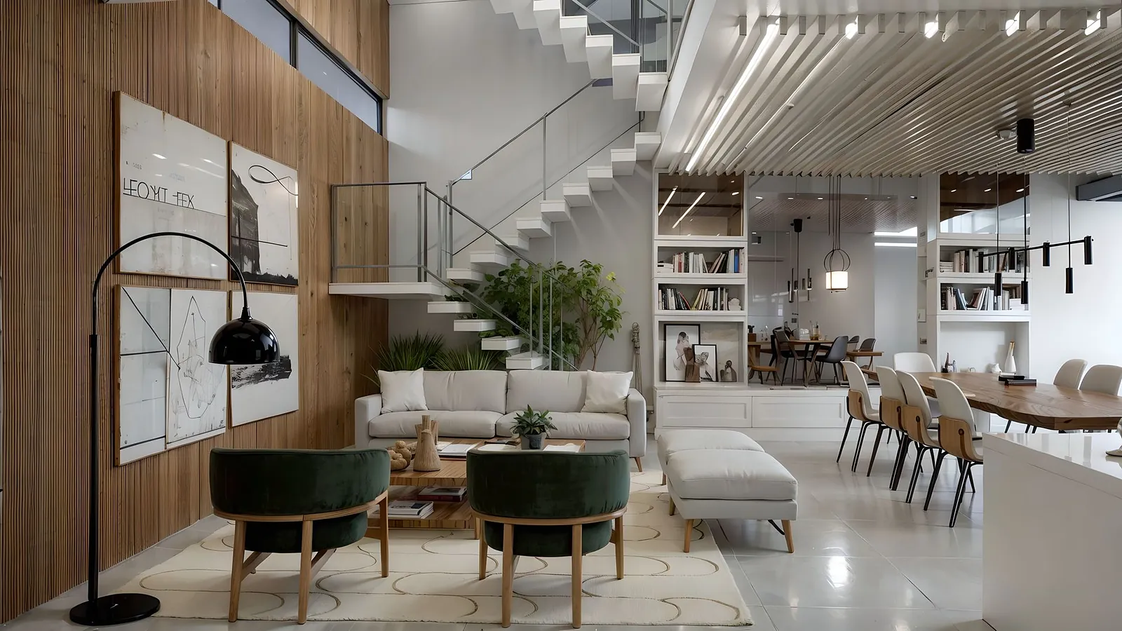 Living com escada escultural