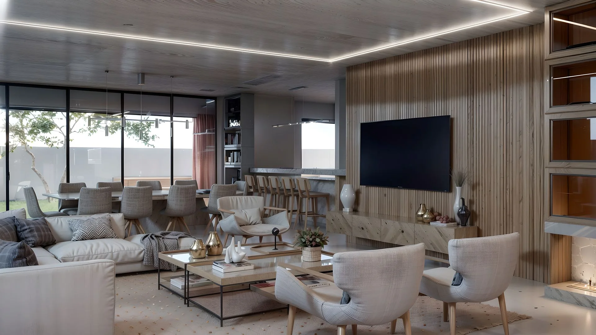 Living com painel de madeira, projeto do Estúdio Petrus